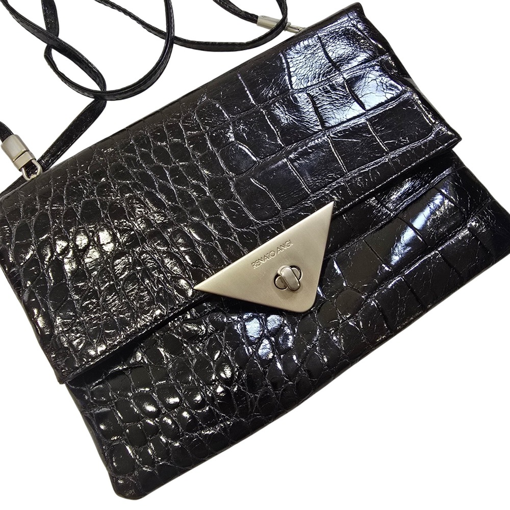 Renato Angi Italy Croc Embossed Patent Leather Crossbody Bag‎ Black Turnlock